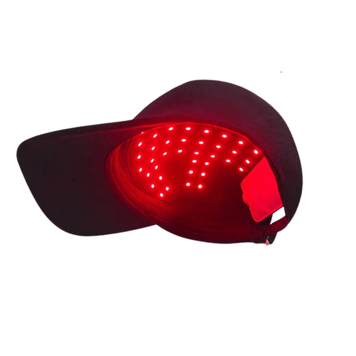 NovaPeak Glow red light cap for hair and scalp care — front view of black peaked cap