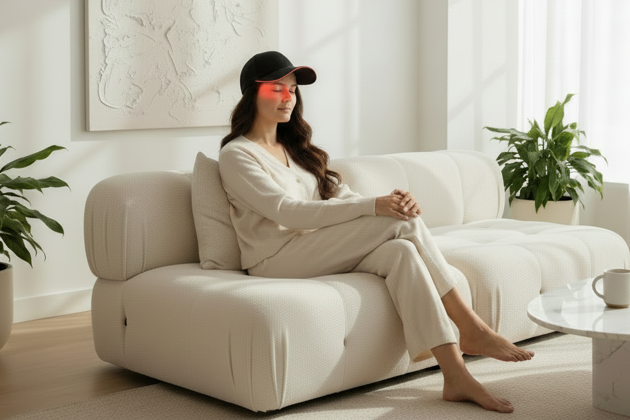 Woman wearing black LED red light therapy cap for hair and scalp care